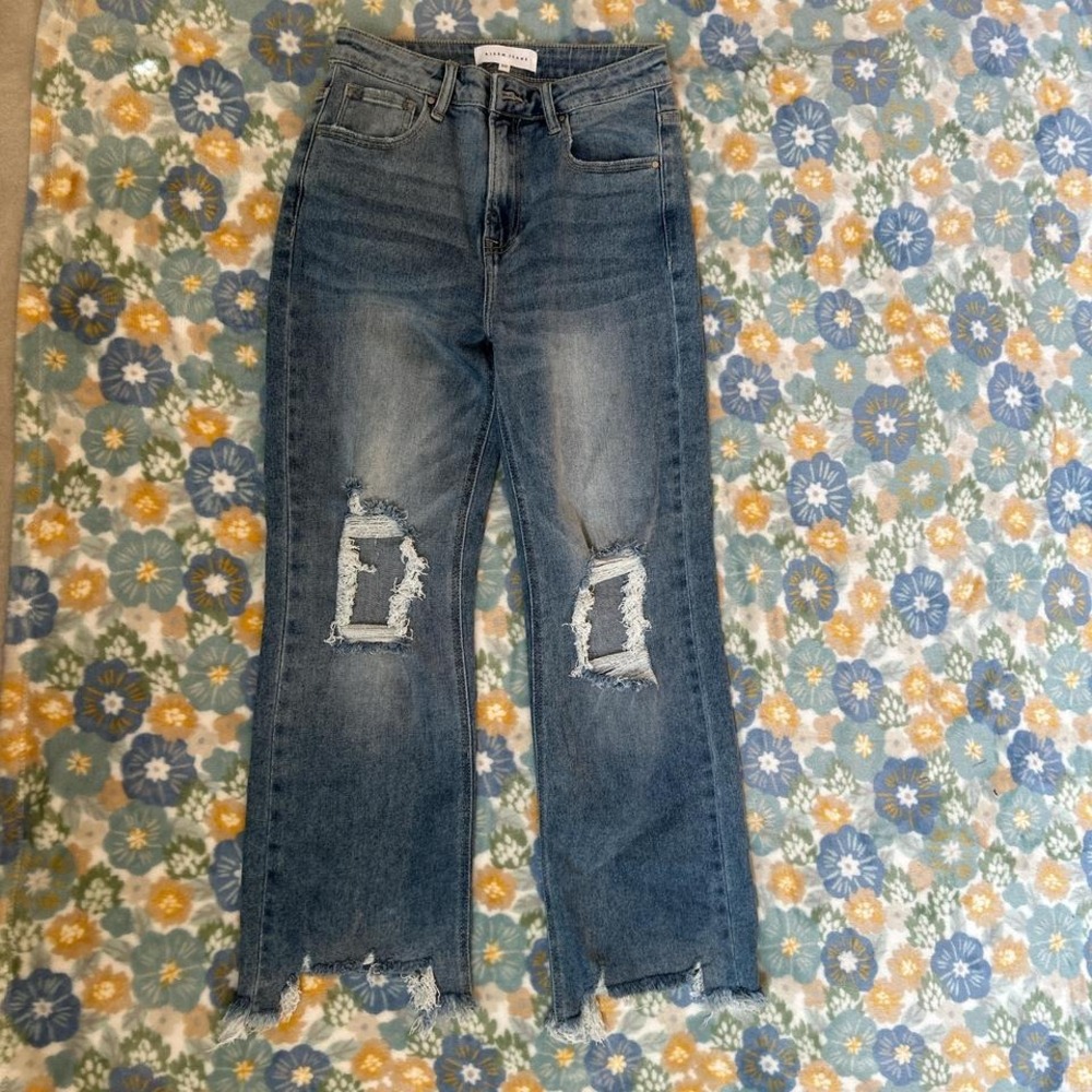 Risen Jeans High-waisted wide-leg distressed ripped denim jeans women's 5/27
